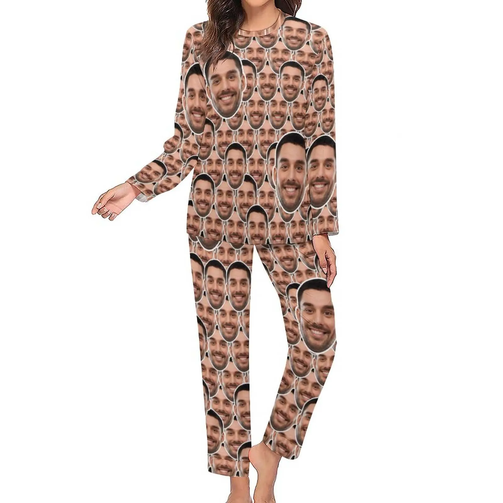 Custom Boyfriend Face Seamless Sleepwear Personalized Women's Slumber Party Crewneck Long Pajamas Set