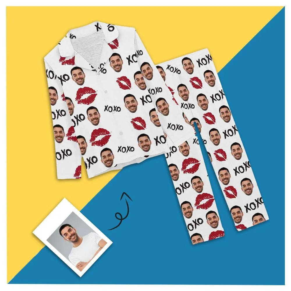 Custom Boyfriend Face XOXO Red Lips Nightwear Personalized Women's Slumber Party Long Pajama Set