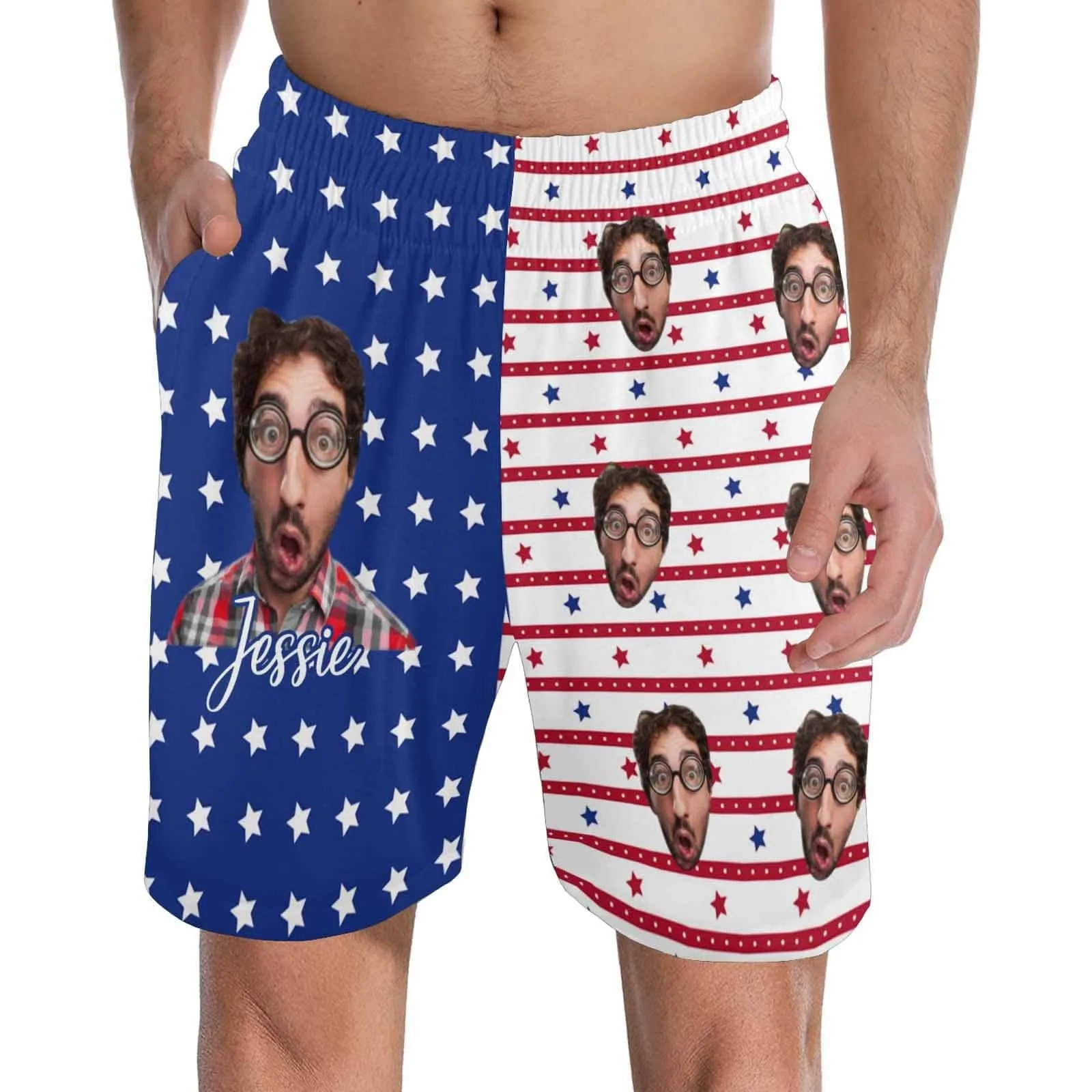 Custom Face & Name Men's Pajama Shorts Personalized American Flag Sleepwear Shorts