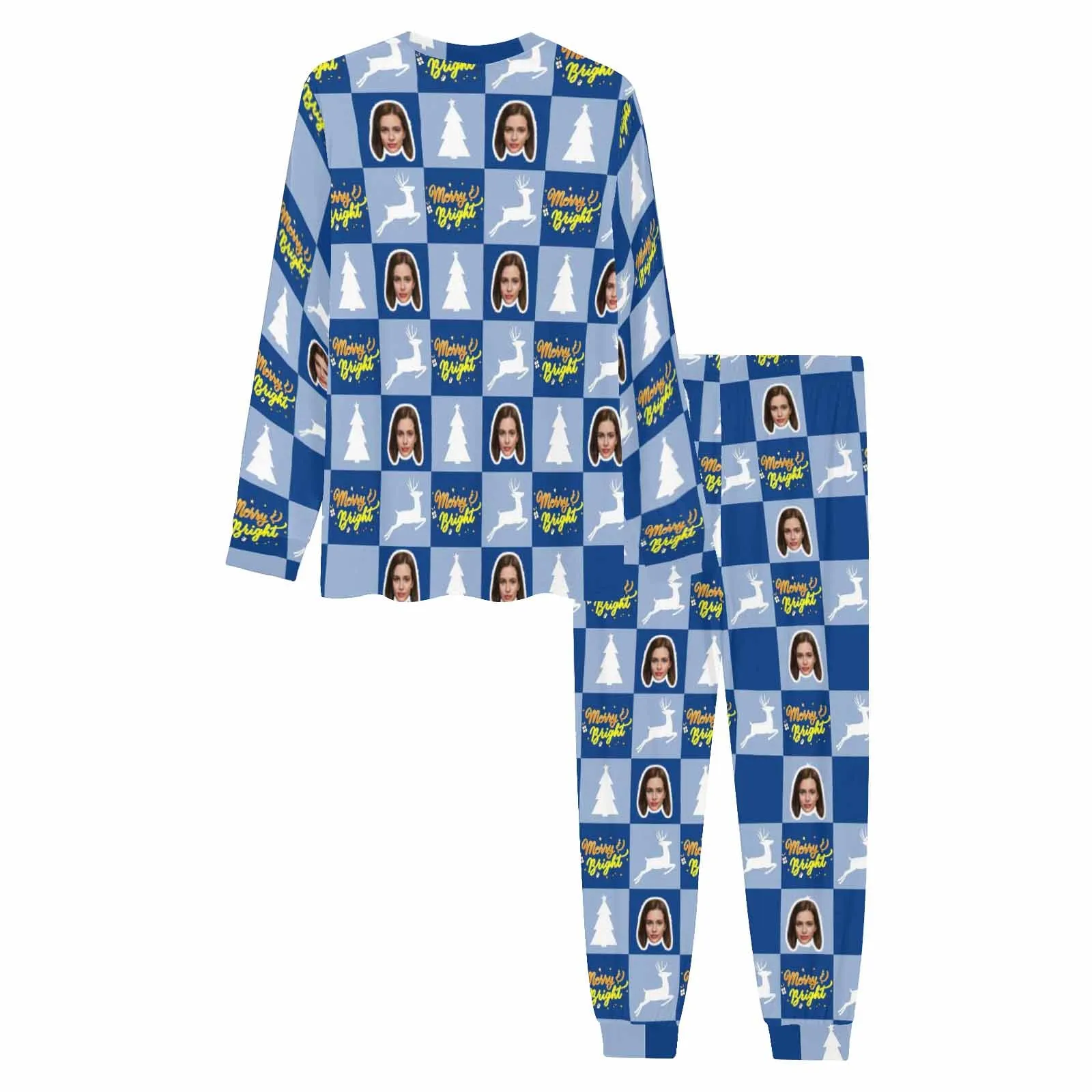 Custom Face Christmas Tree and Elk Blue Grids Men's Long Pajama Set