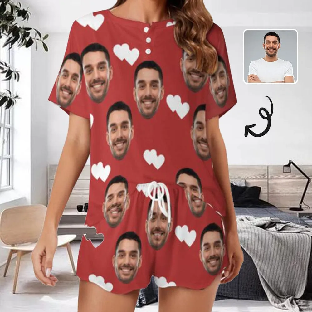 Custom Face Love Heart Pajama Set Women's Short Sleeve Top and Shorts Loungewear Athletic Tracksuits