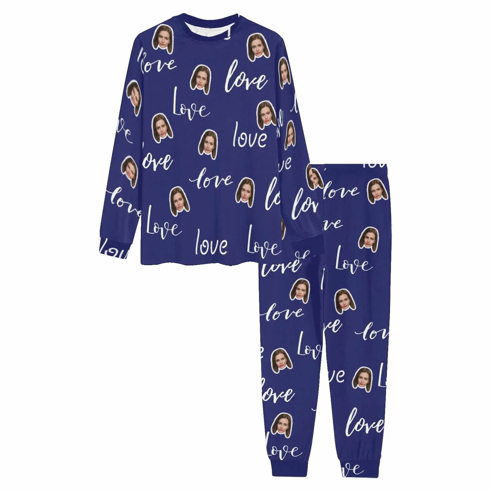 Custom Face Love My Treasure Navy Blue Men's Long Pajama Set