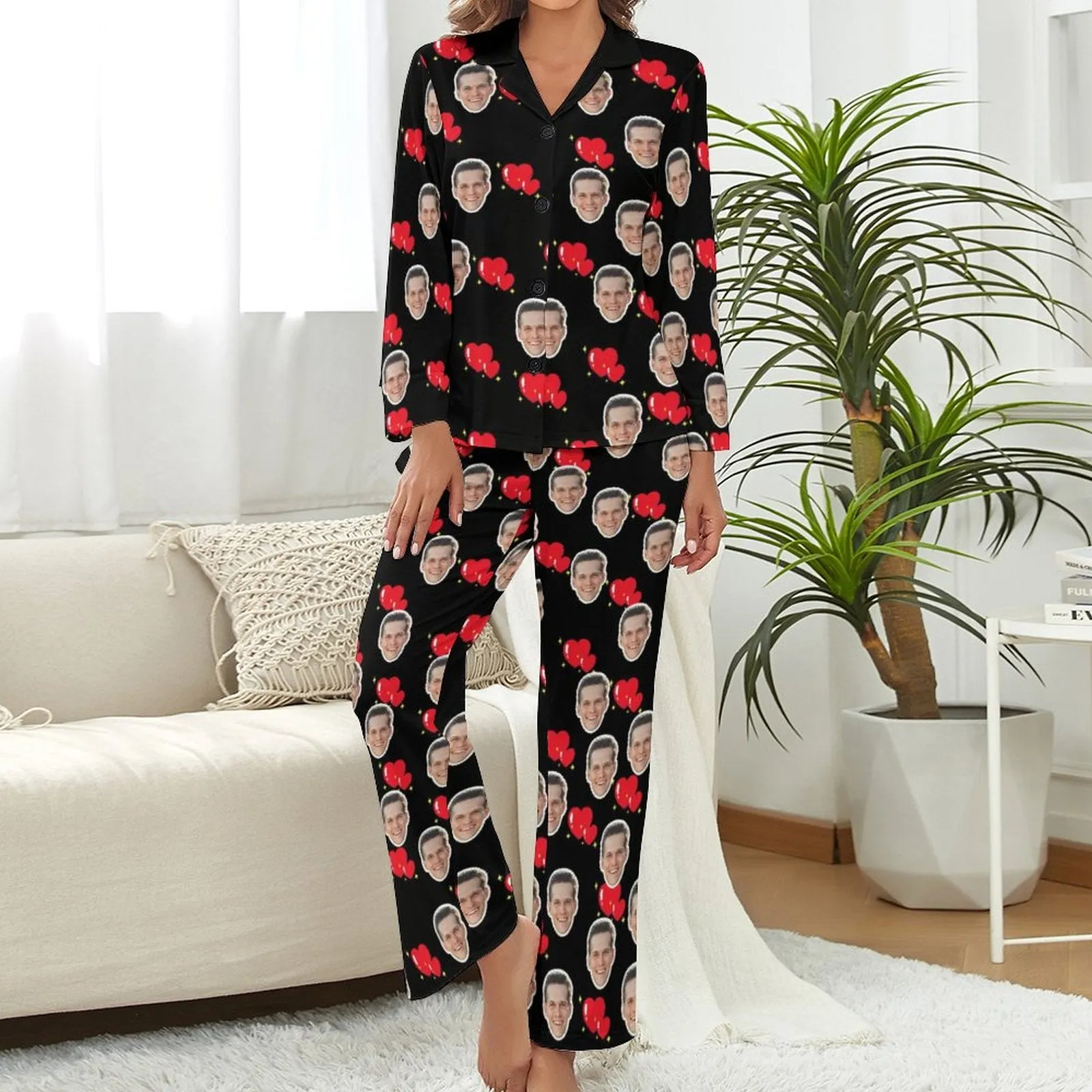 Custom Face Pajamas Boyfriend Heart Black Sleepwear Personalized Women's Long Pajama Set