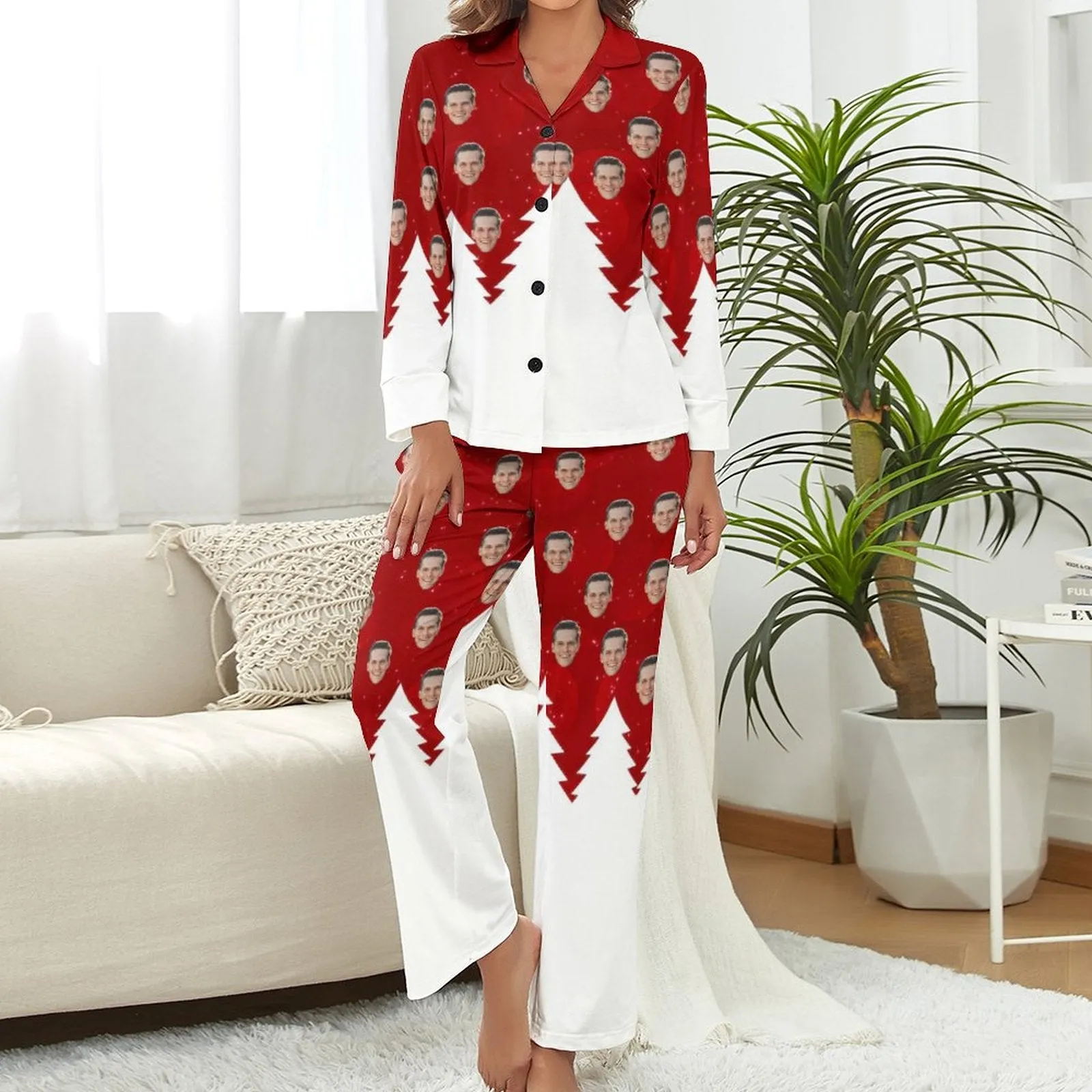 Custom Face Pajamas White Tree Red Sleepwear Personalized Women's Long Pajama Set