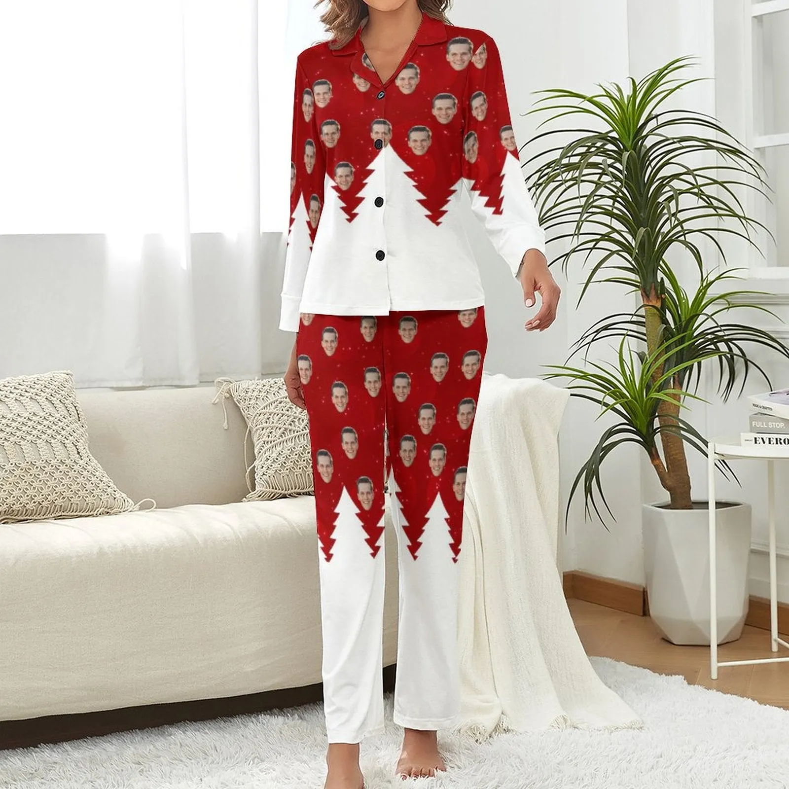 Custom Face Pajamas White Tree Red Sleepwear Personalized Women's Long Pajama Set