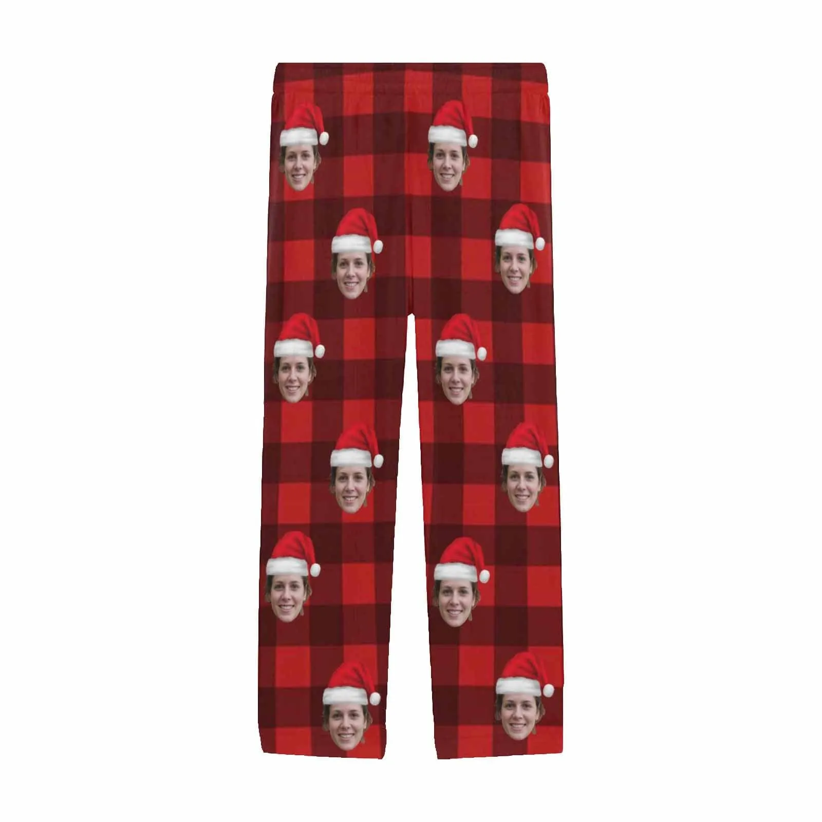 Custom Face Red Plaid Christmas Hat Sleepwear Personalized Women's&Men's Slumber Party Long Pajama Pants