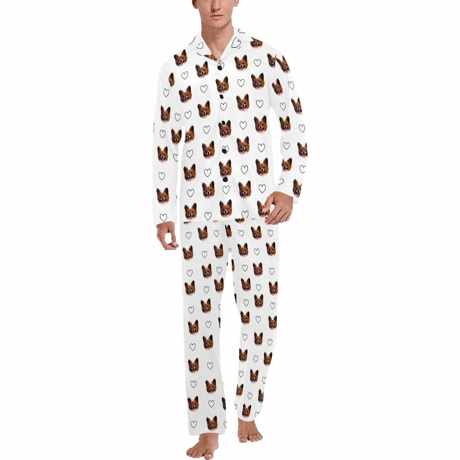 Custom Pet Face Love Heart Shape Couple Sleepwear Women's Lightweight Long Pajama Set Men's Sleepwear - Orange