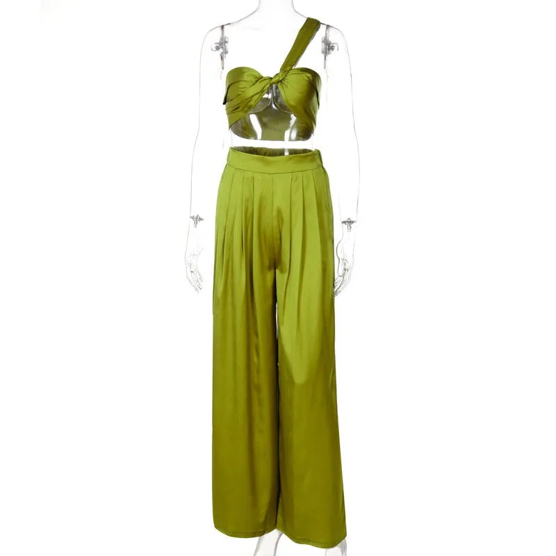 Elise Elegant 2-piece Halter Crop Top and Wide-leg Pants Matching Outfit