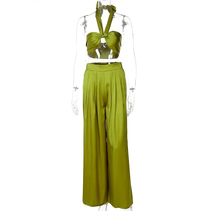 Elise Elegant 2-piece Halter Crop Top and Wide-leg Pants Matching Outfit