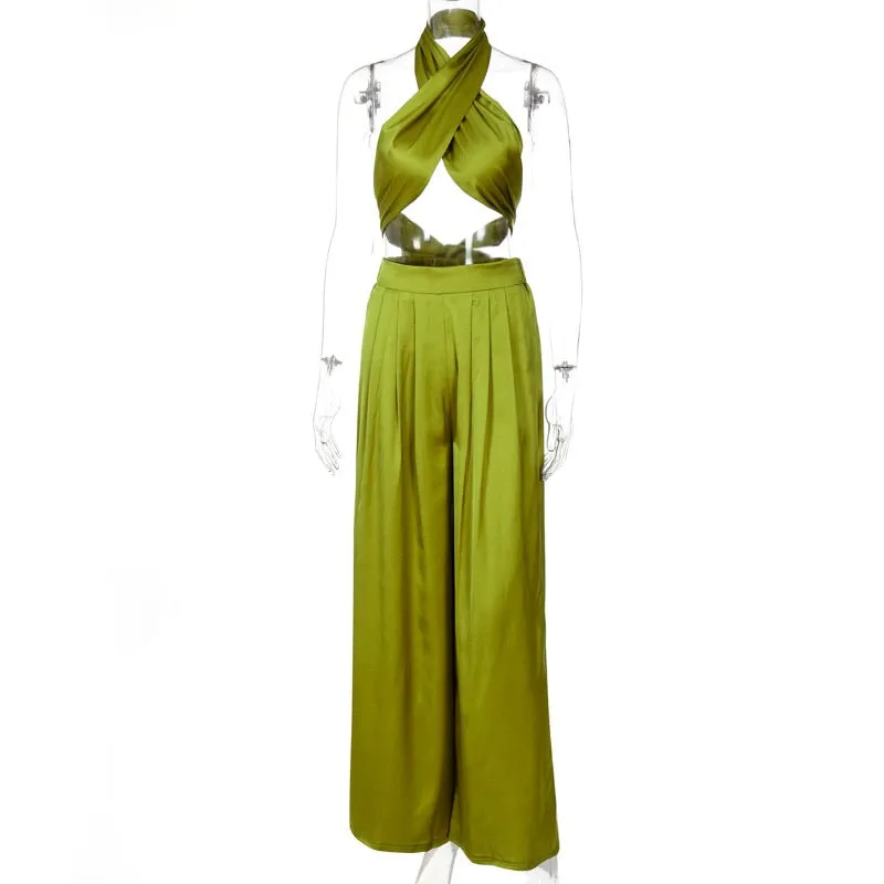 Elise Elegant 2-piece Halter Crop Top and Wide-leg Pants Matching Outfit