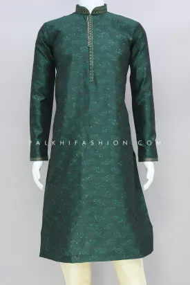 Emerald Green Mens Kurta Pajama With Sequin Embroidery