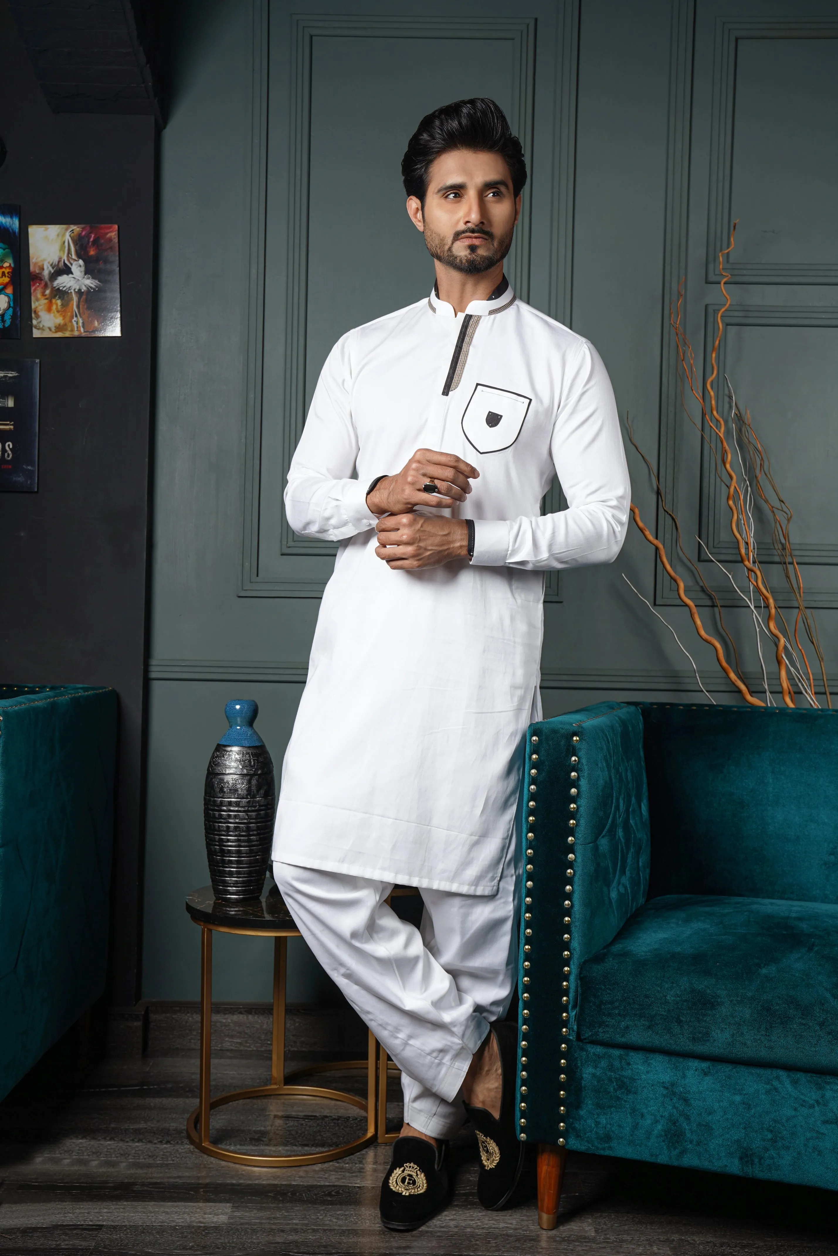 ER 599 White Embelished 4 Season Kurta Pajama For Men