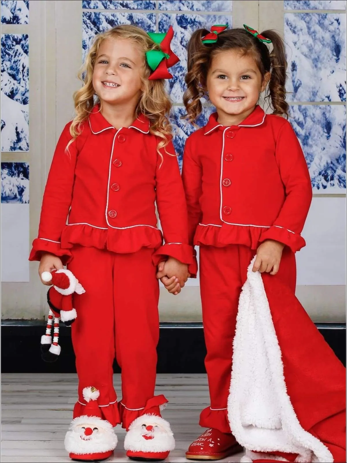 Girls & Boys Red Button Down Collared Classic Christmas Pajama Set