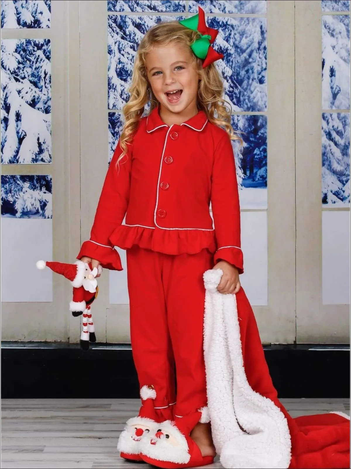 Girls & Boys Red Button Down Collared Classic Christmas Pajama Set