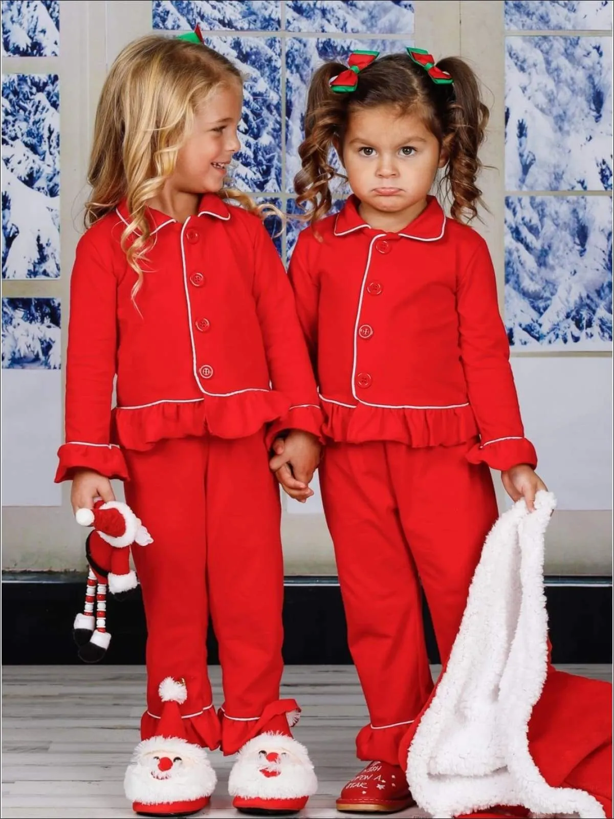 Girls & Boys Red Button Down Collared Classic Christmas Pajama Set