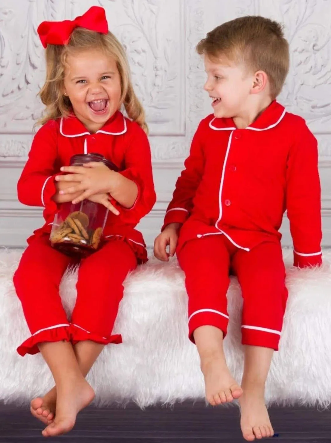 Girls & Boys Red Button Down Collared Classic Christmas Pajama Set