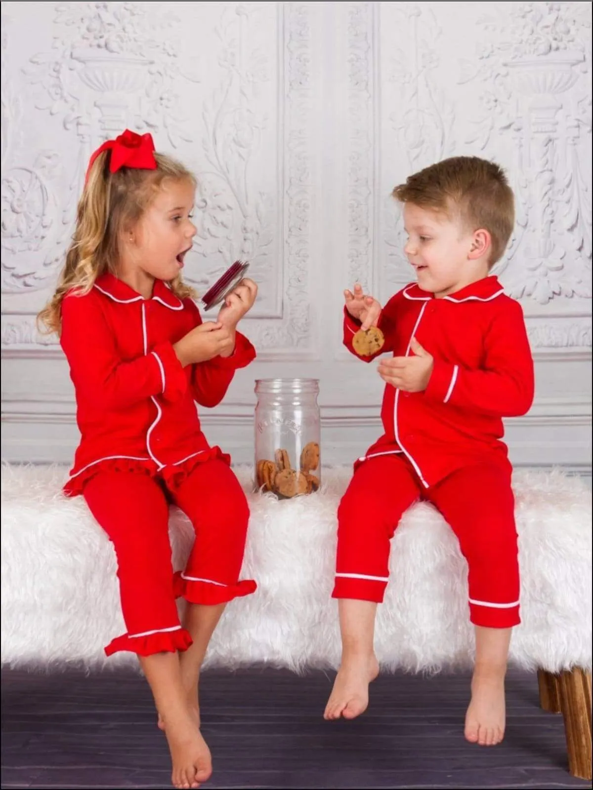 Girls & Boys Red Button Down Collared Classic Christmas Pajama Set