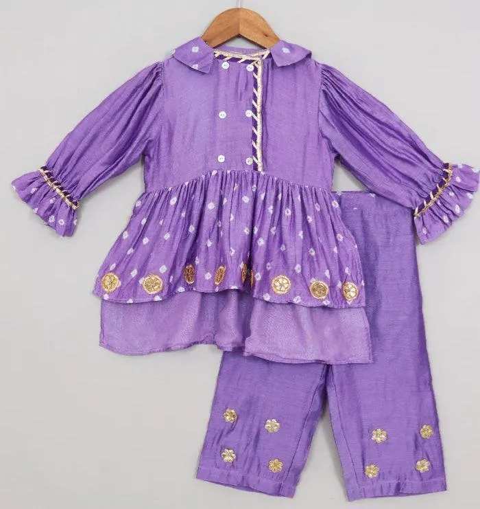 Girls Ethnic Gota Work Coord set Style Kurta Pajama Set  - Purple