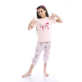 Girls Floral Butterfly Tee & Slip On Pantacourt Pajama Set - Light Coral & White