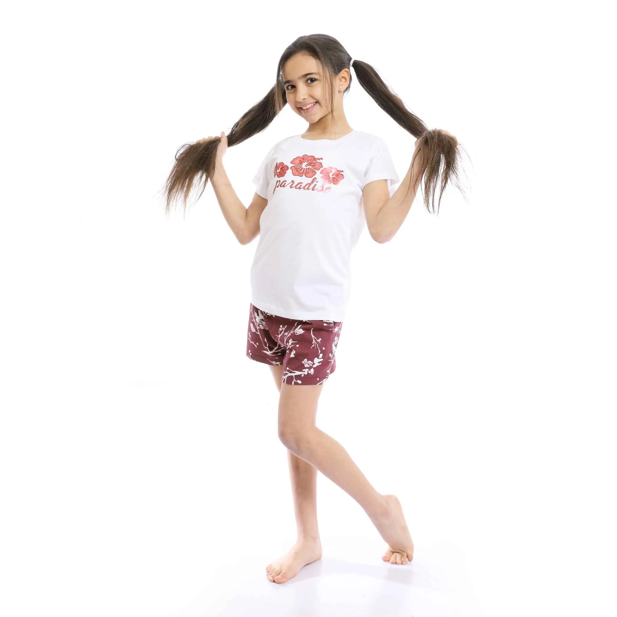 Girls Printed Paradise White Tee & Maroon Shorts Pajama Set