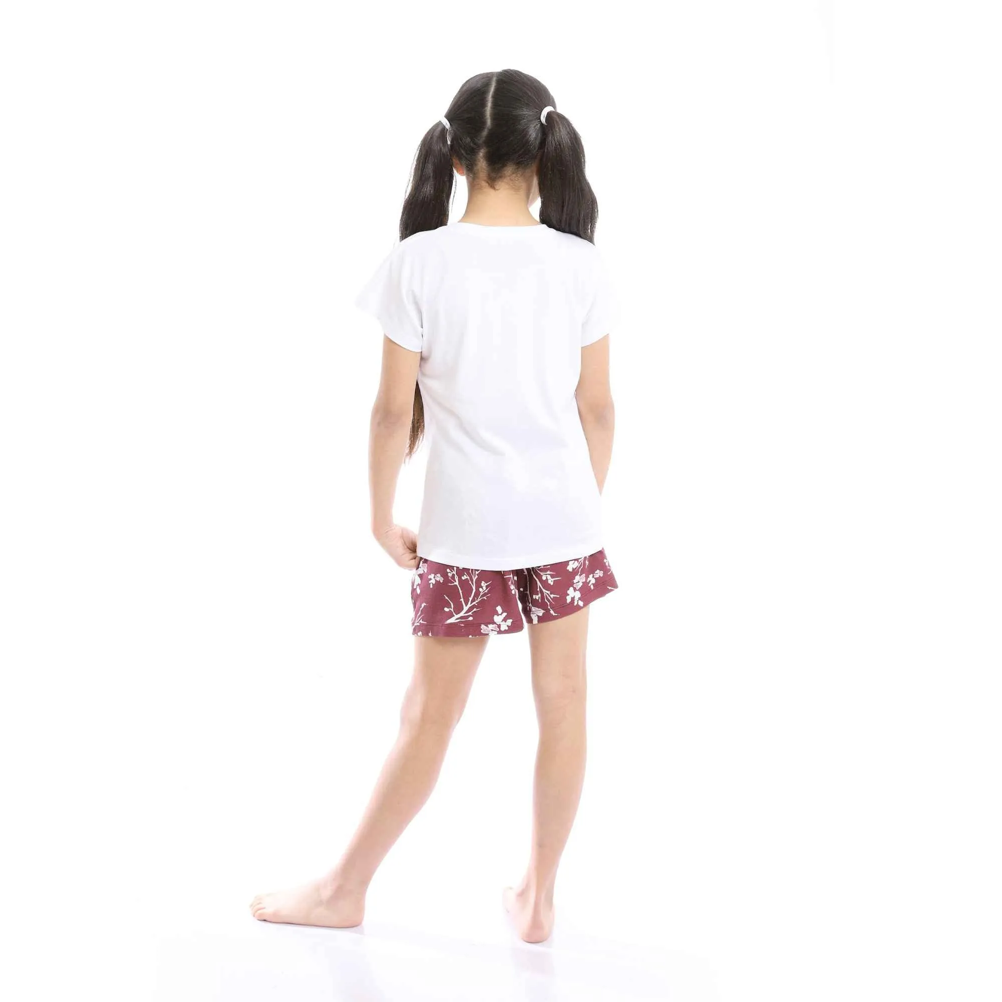 Girls Printed Paradise White Tee & Maroon Shorts Pajama Set