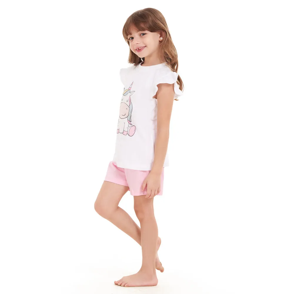 Girls summer pajama set Unicorn t-shirt   Pink shorts