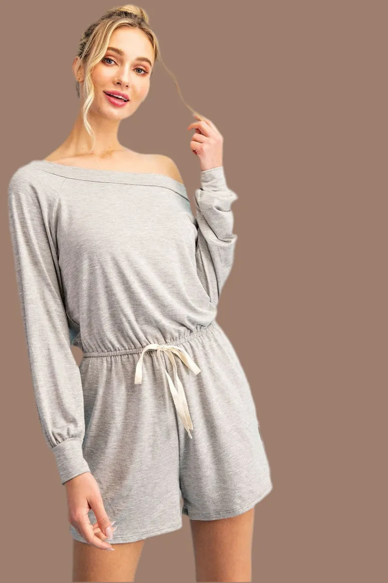 Gray Off the Shoulder Long Sleeve Romper