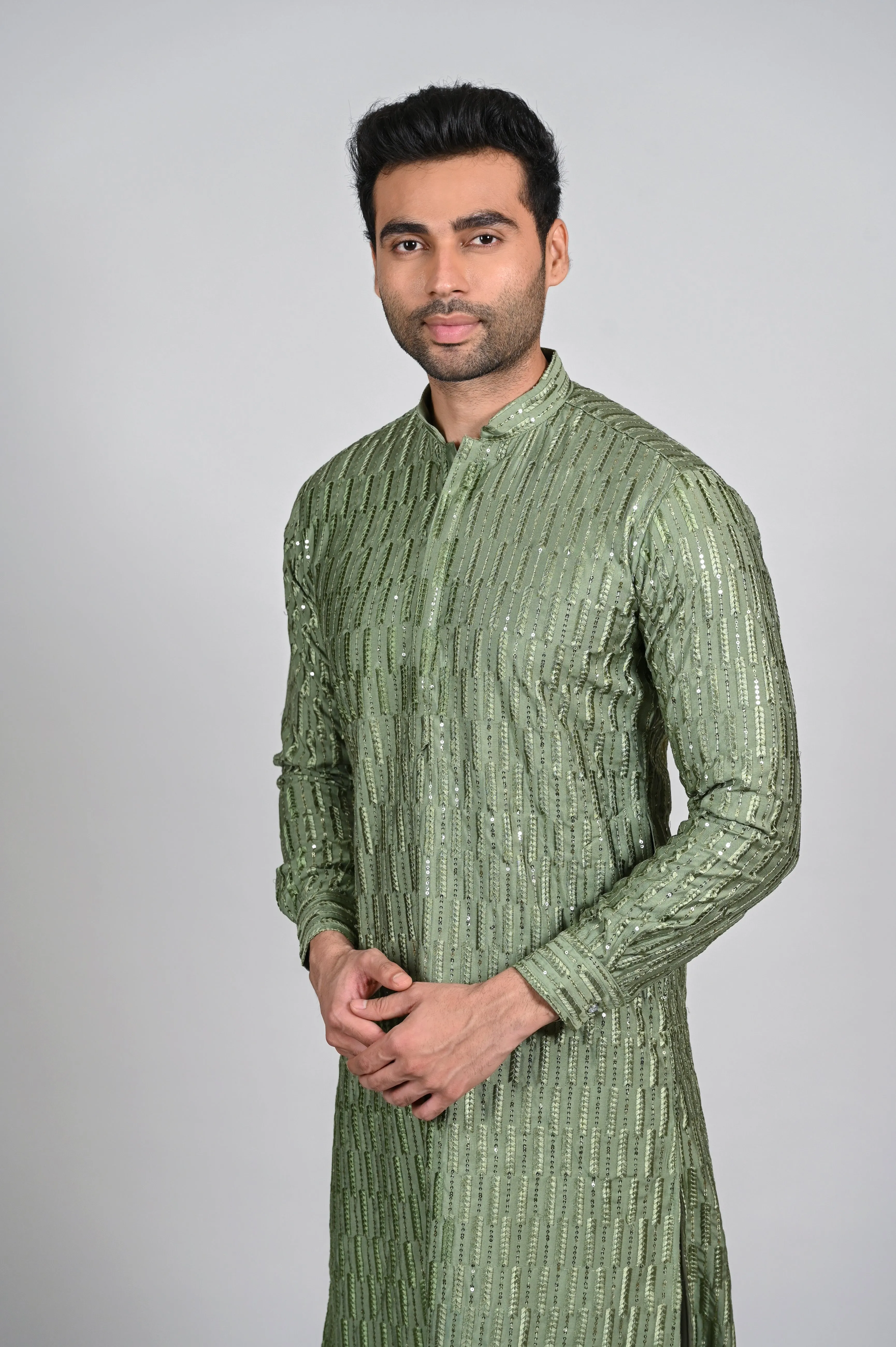 Green Lakhnavi Kurta with Pant in Silk