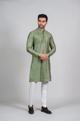 Green Lakhnavi Kurta with Pant in Silk