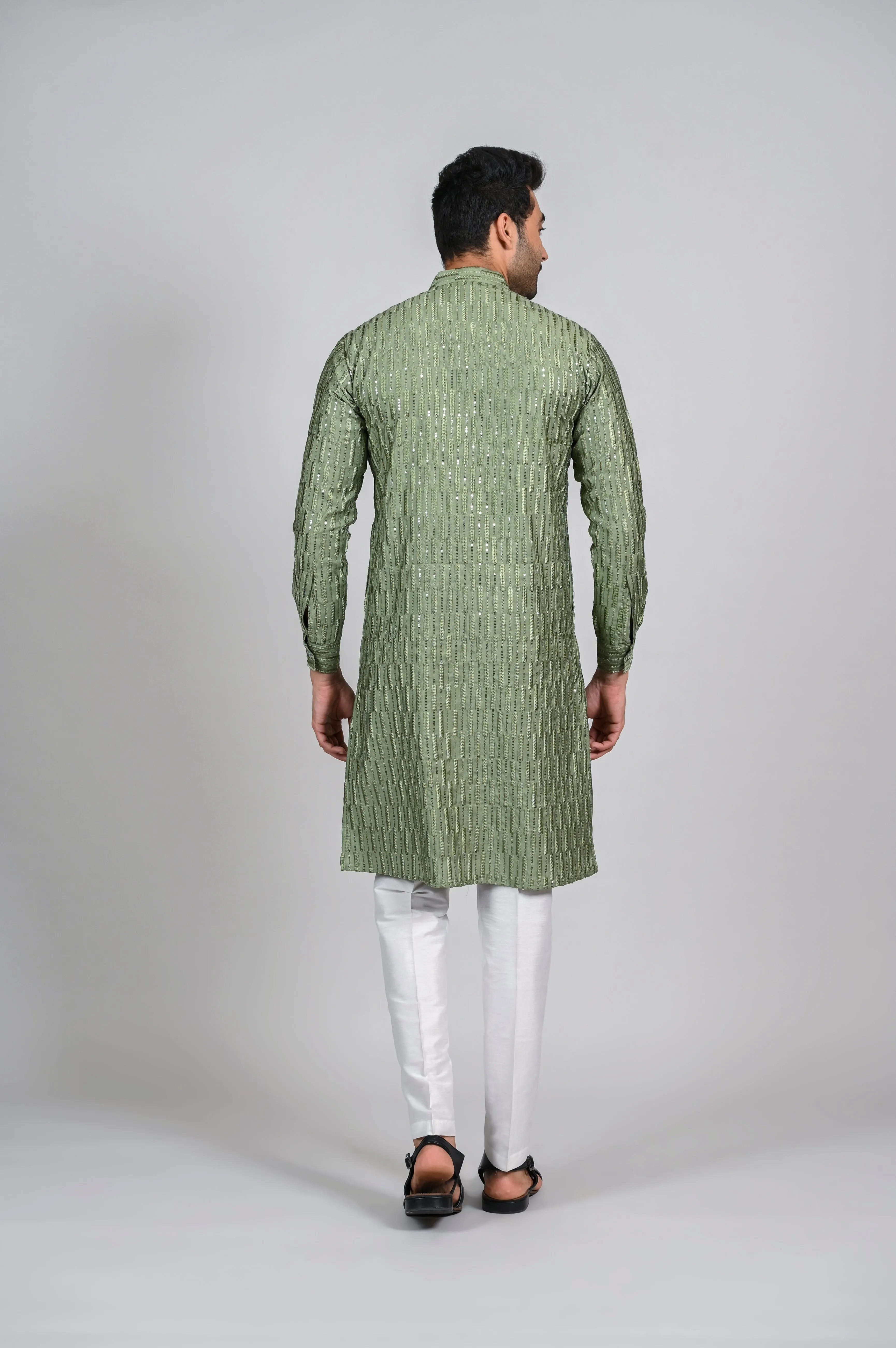 Green Lakhnavi Kurta with Pant in Silk