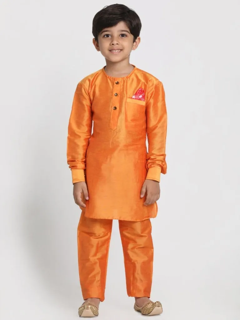 Jashvi Boys' Orange Cotton Silk Blend Kurta and Pyjama Set