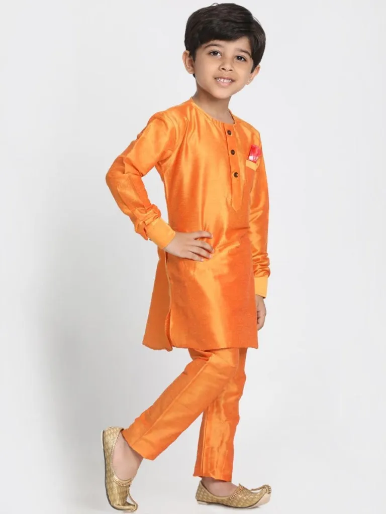 Jashvi Boys' Orange Cotton Silk Blend Kurta and Pyjama Set