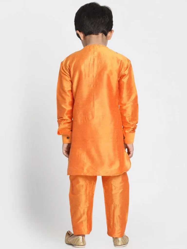 Jashvi Boys' Orange Cotton Silk Blend Kurta and Pyjama Set