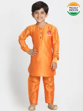 Jashvi Boys' Orange Cotton Silk Blend Kurta and Pyjama Set