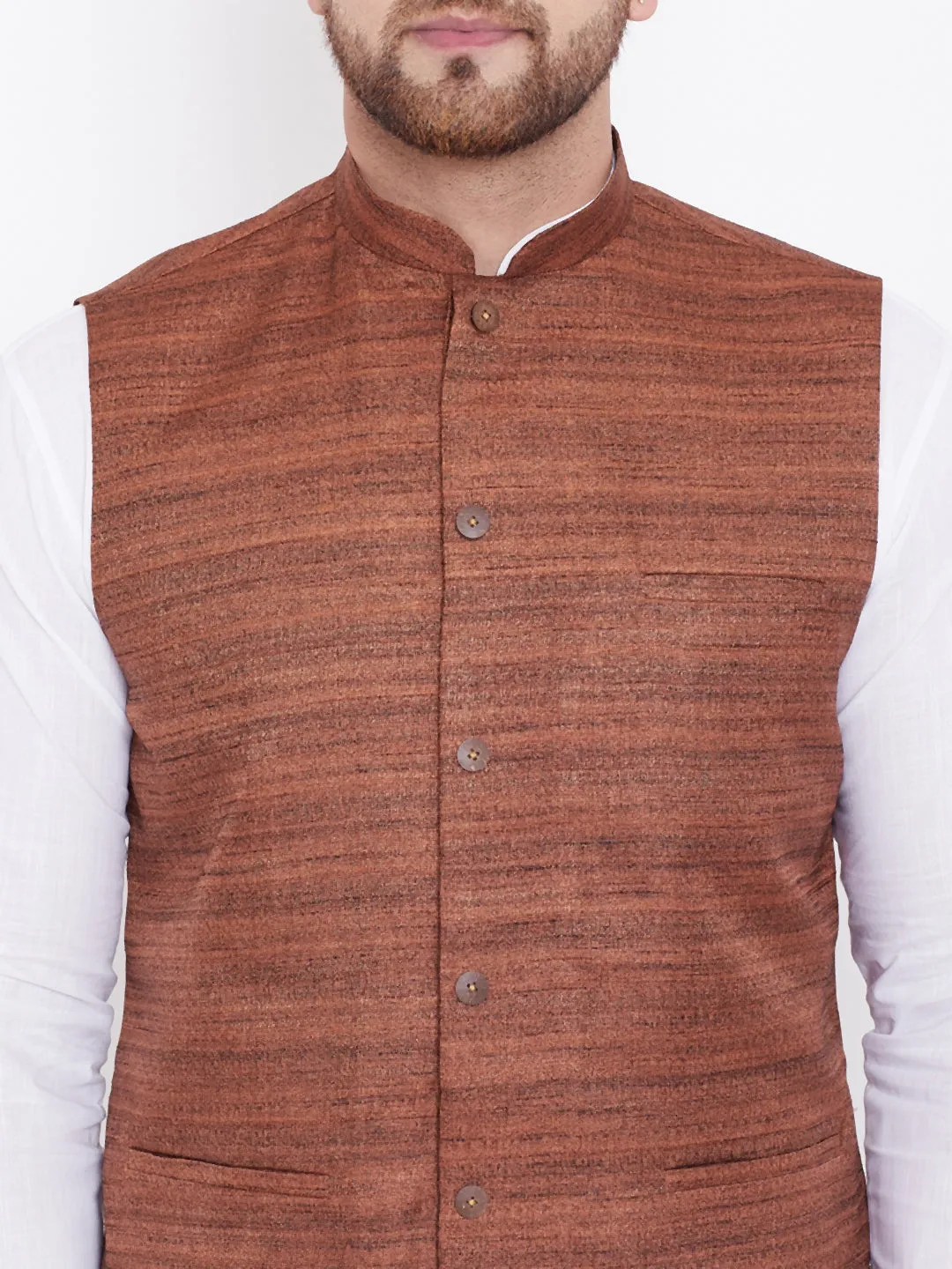 Jashvi Brown Color Nehru Jacket And White Kurta Pyjama Baap Beta Set