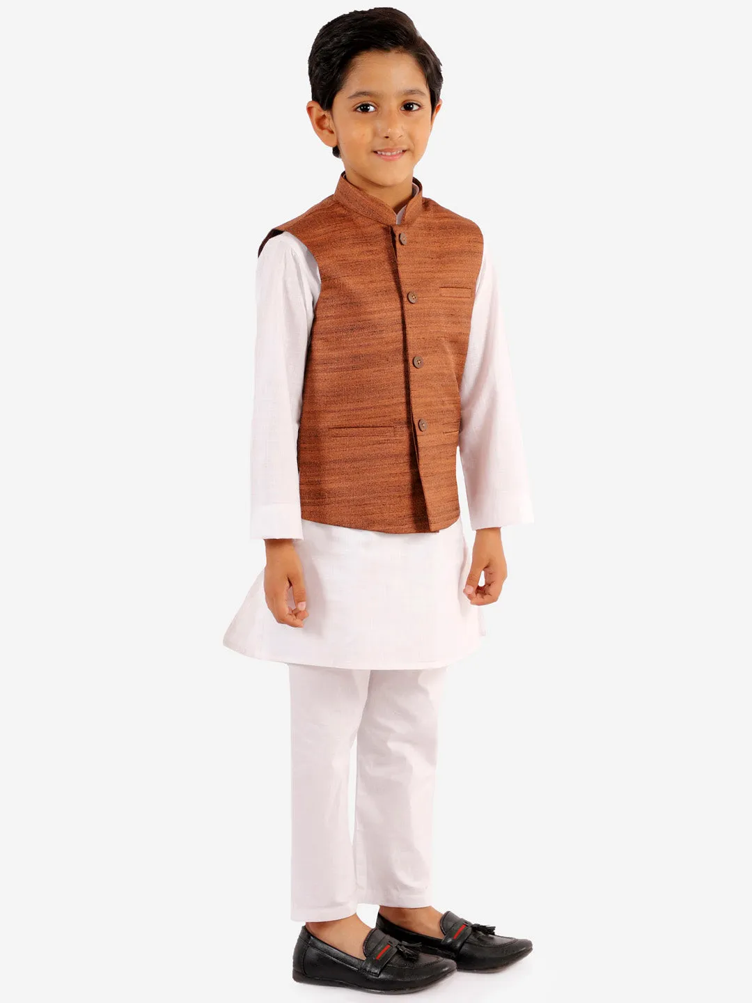 Jashvi Brown Color Nehru Jacket And White Kurta Pyjama Baap Beta Set