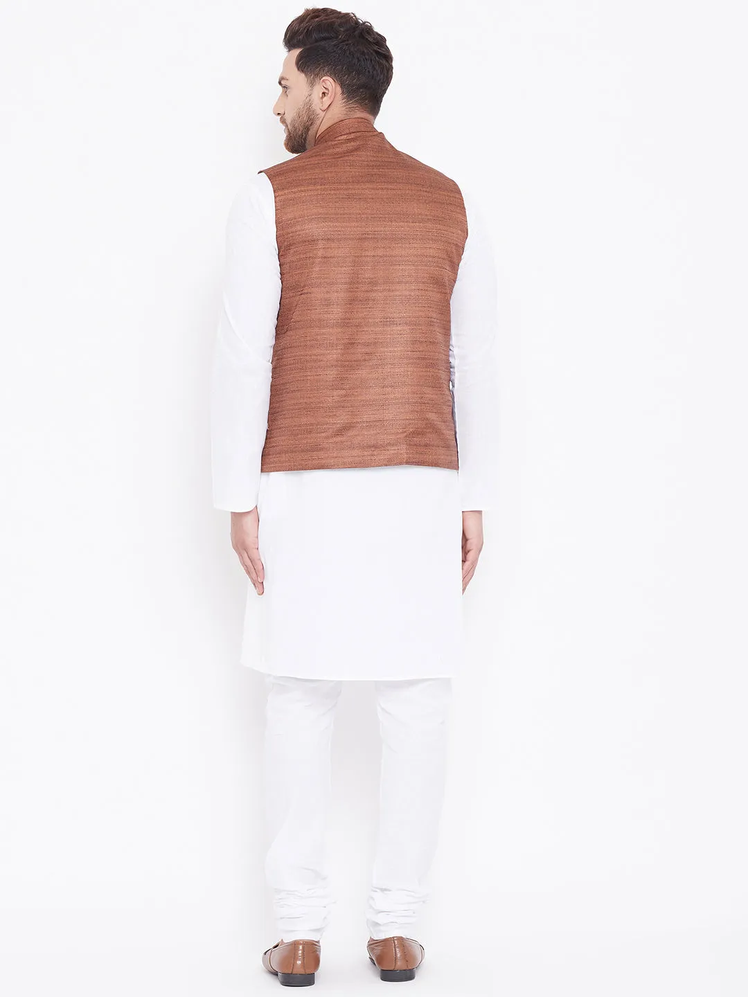 Jashvi Brown Color Nehru Jacket And White Kurta Pyjama Baap Beta Set