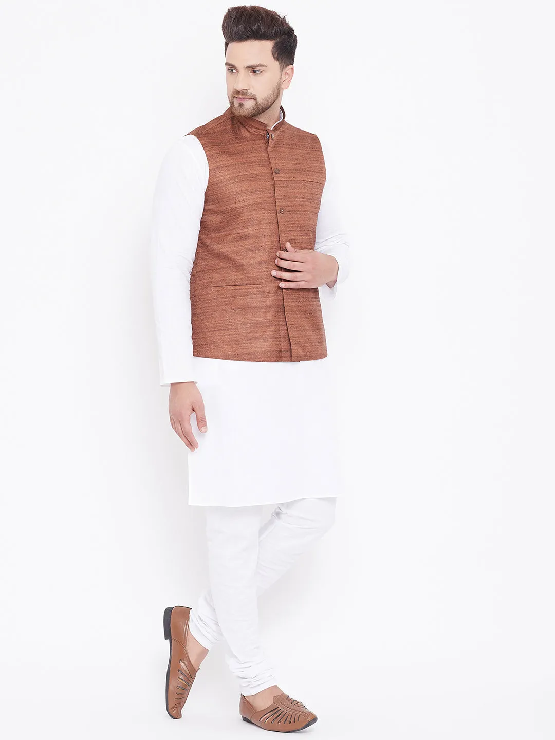 Jashvi Brown Color Nehru Jacket And White Kurta Pyjama Baap Beta Set