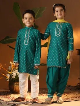 Jashvi Green And Cream BHAI BEHEN Siblings Matching Set