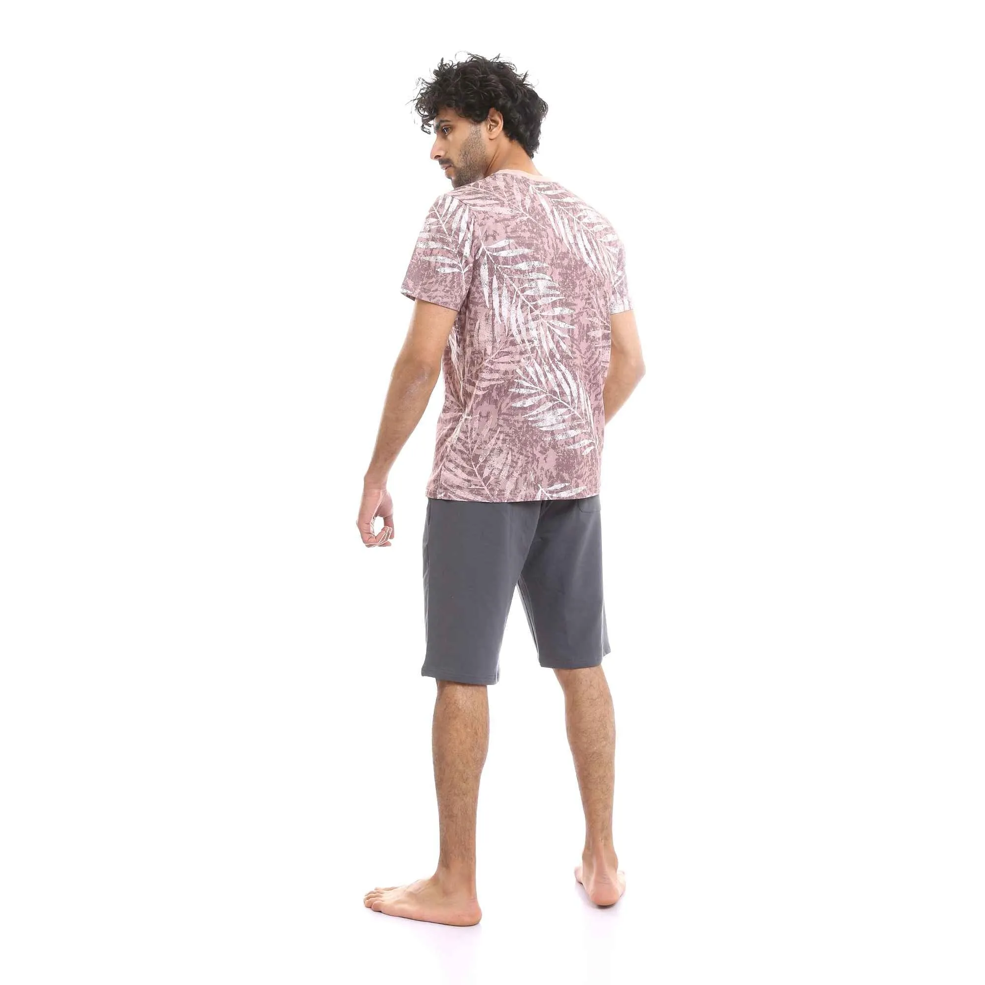 Kashmir Palm Leaves Tee & Solid Grey Shorts Pajama Set for Men