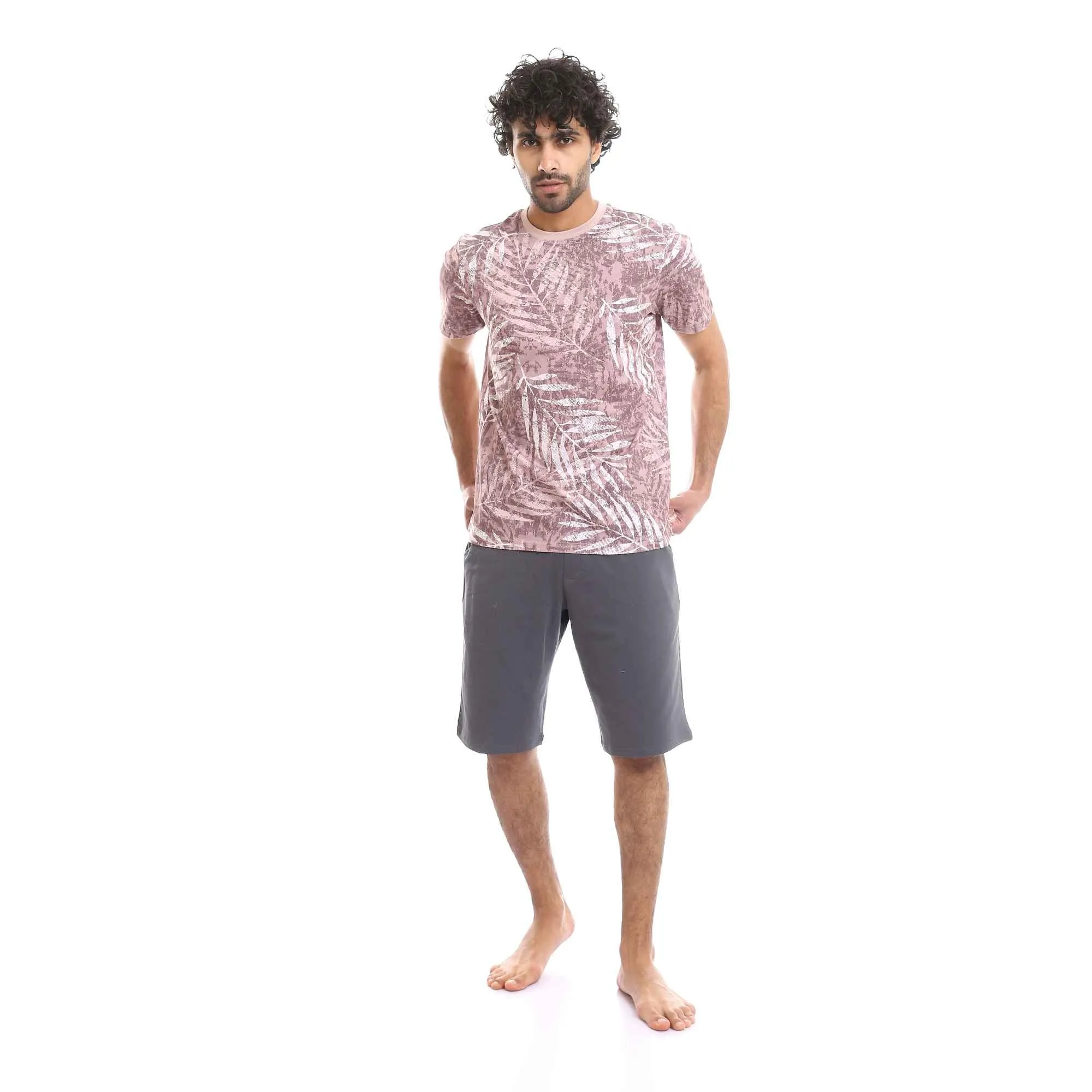 Kashmir Palm Leaves Tee & Solid Grey Shorts Pajama Set for Men