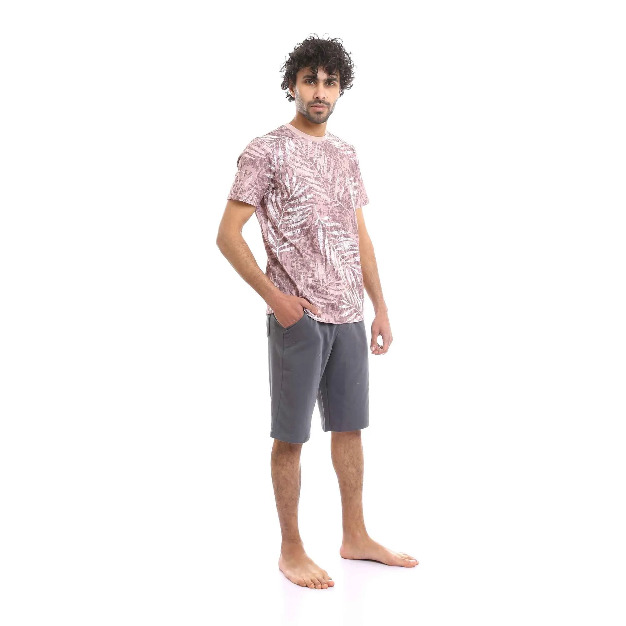 Kashmir Palm Leaves Tee & Solid Grey Shorts Pajama Set for Men