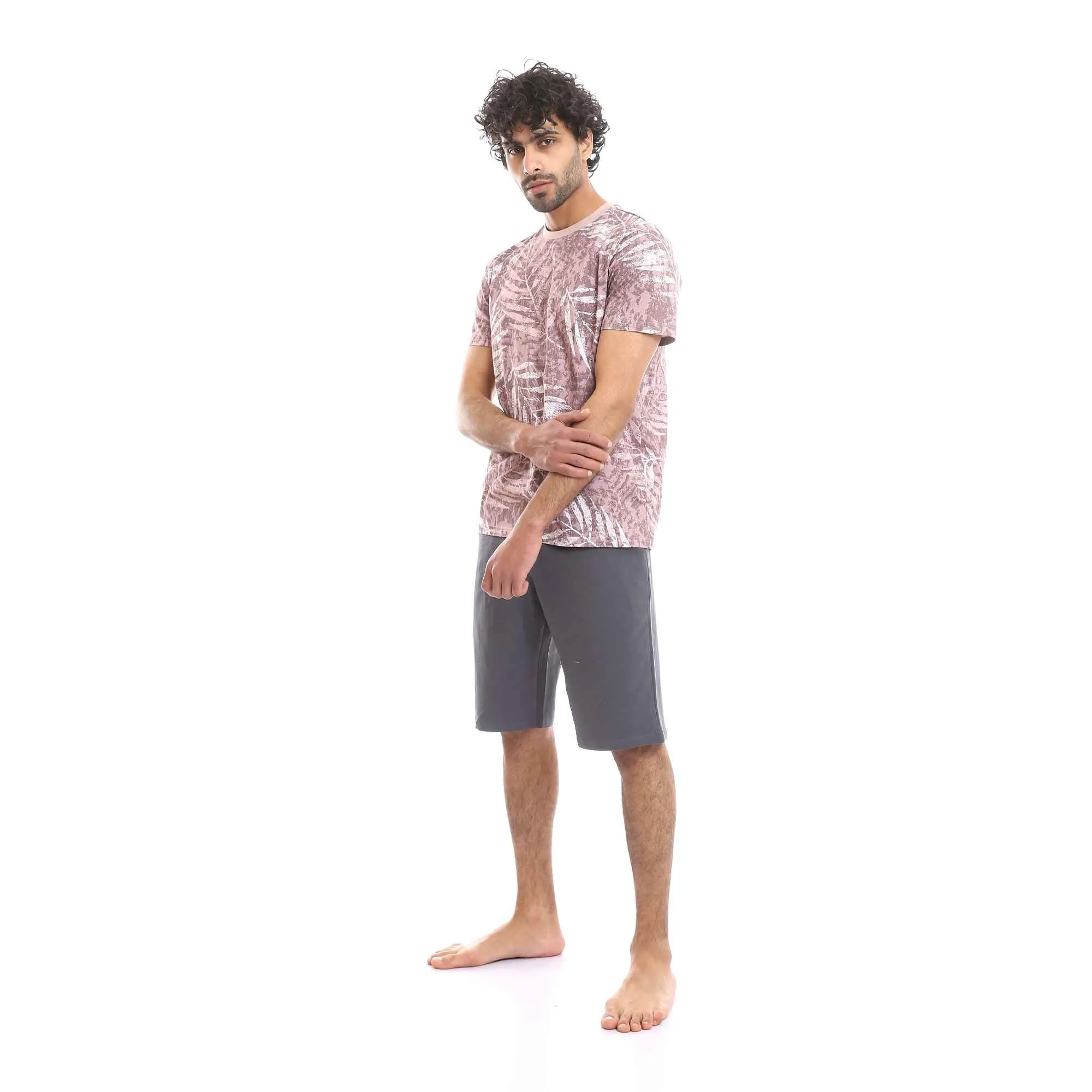 Kashmir Palm Leaves Tee & Solid Grey Shorts Pajama Set for Men