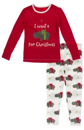 KicKee Pants Natural Christmas Hippo L/S Graphic Tee Pajama Set