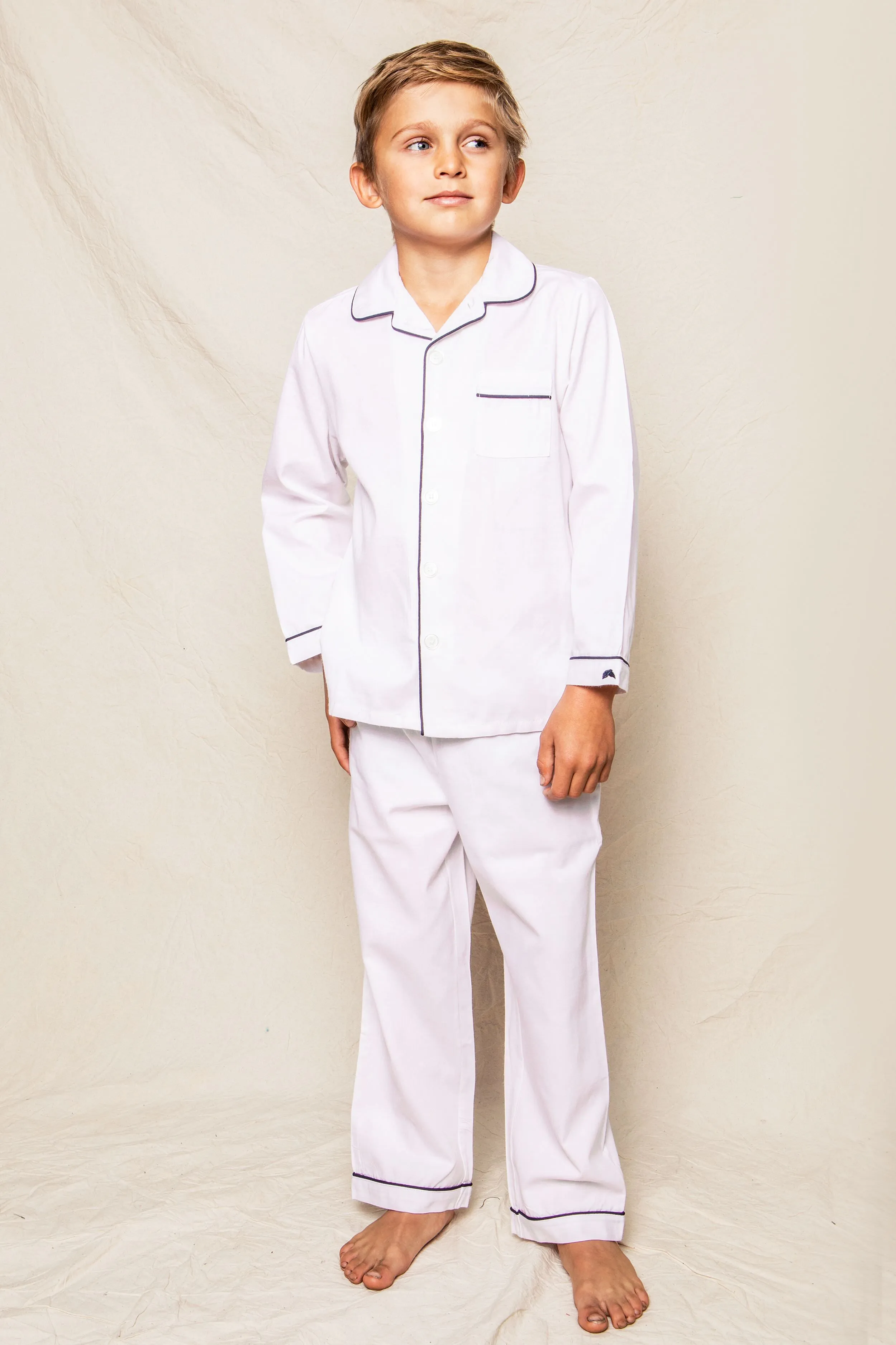 Kids White Pajama Set with Navy Piping