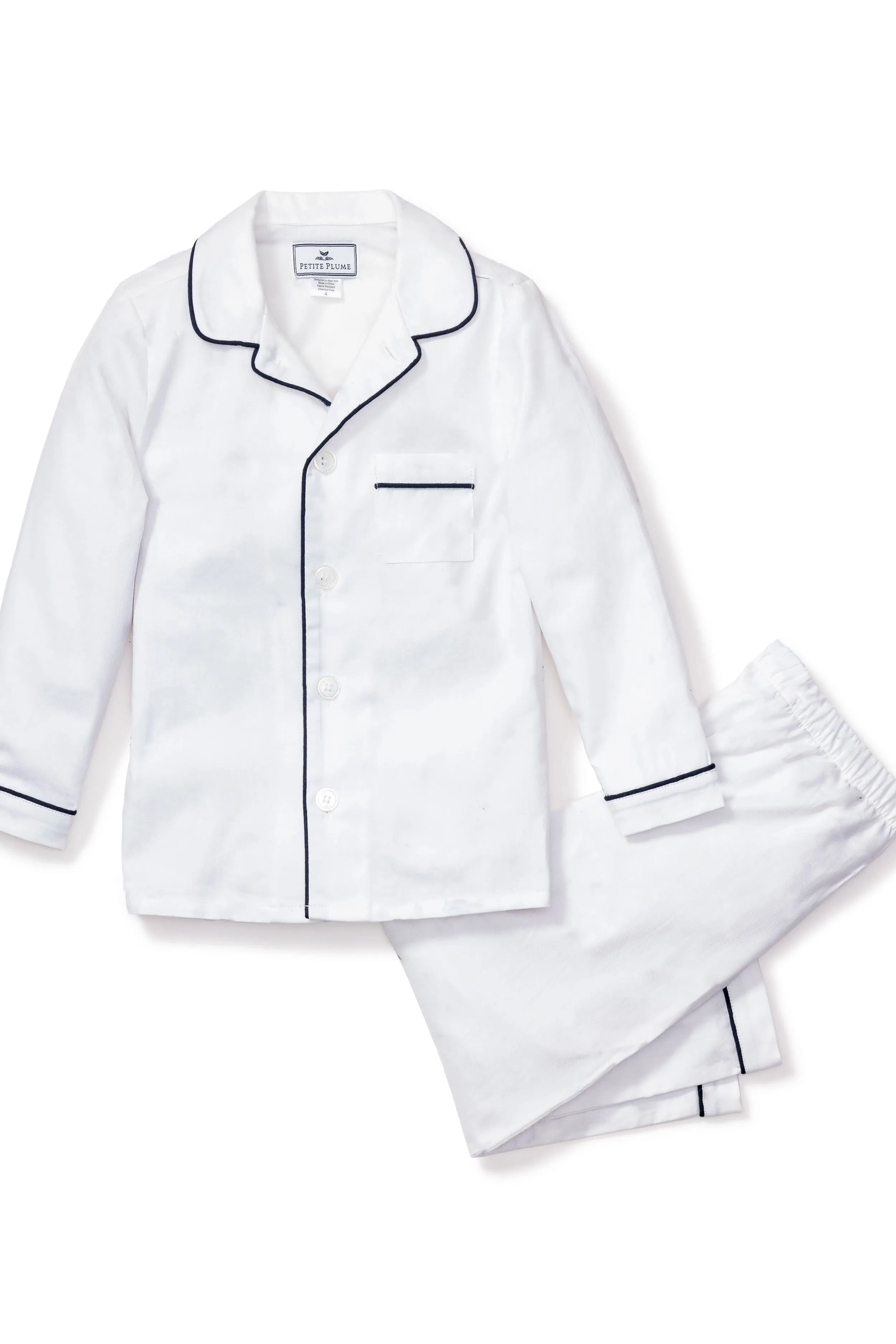 Kids White Pajama Set with Navy Piping