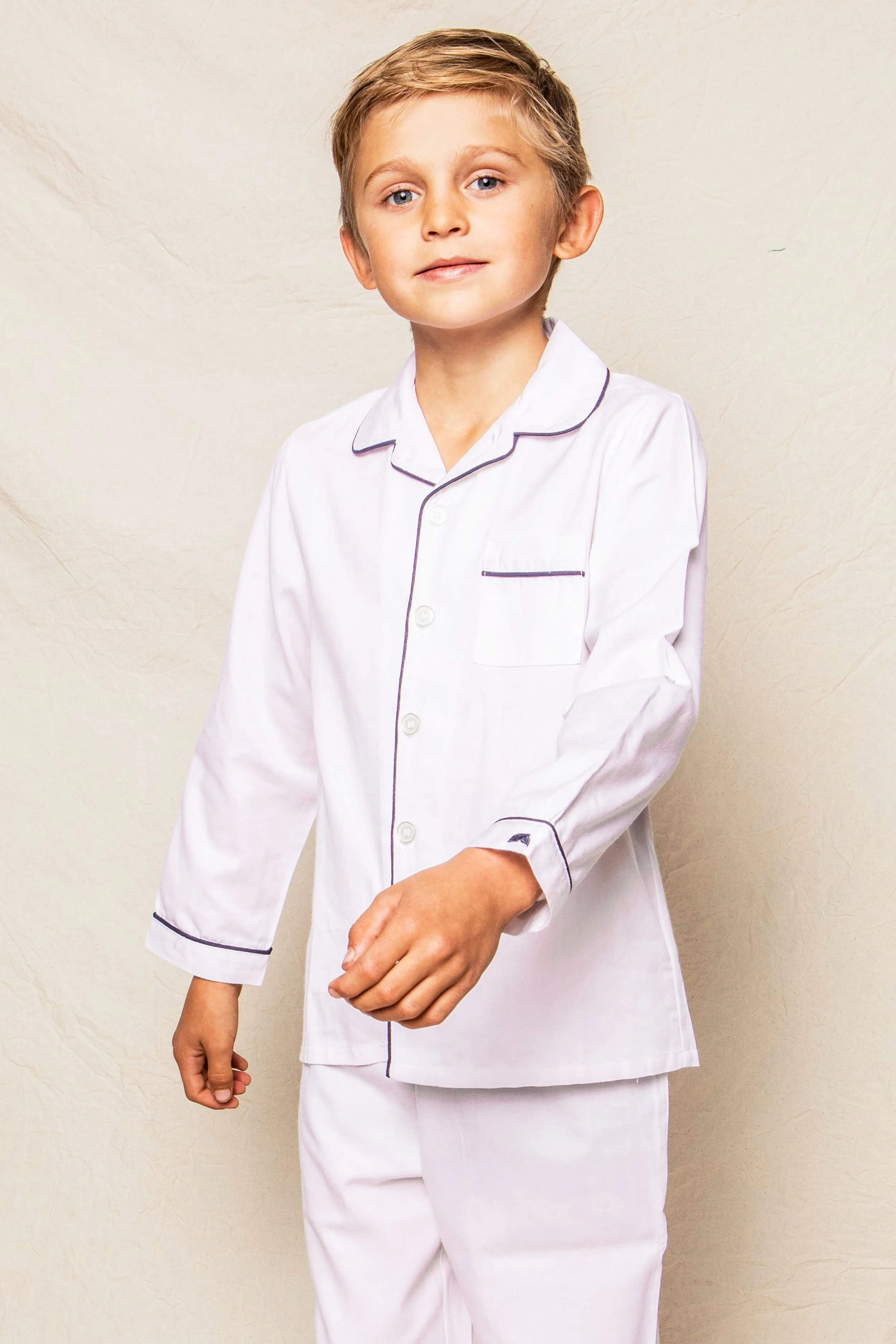 Kids White Pajama Set with Navy Piping