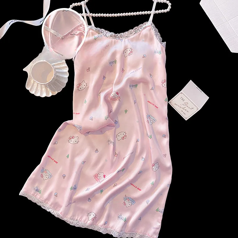 Kitty Ice Silk Satin Suspender Pajamas KI566