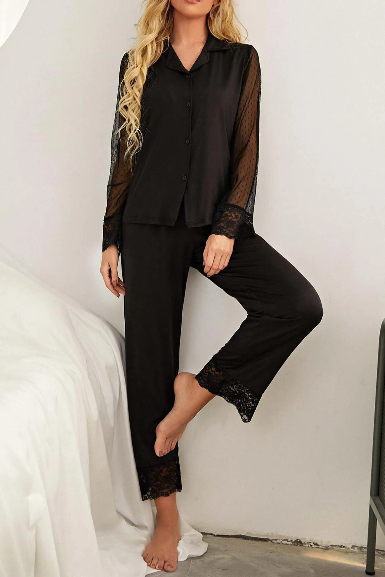 Lace Mesh Long Sleeve Long Pant Pajama Set