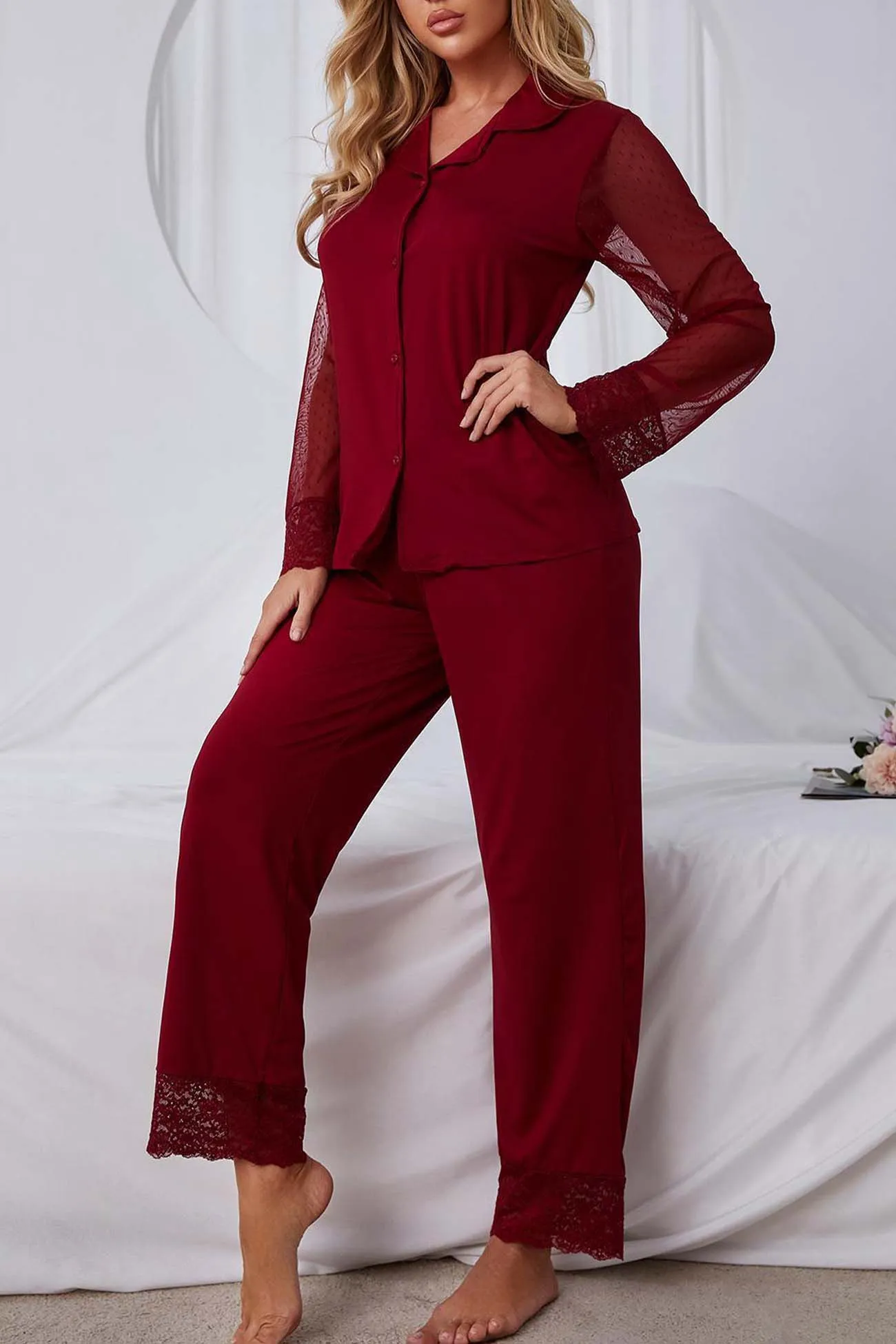 Lace Mesh Long Sleeve Long Pant Pajama Set